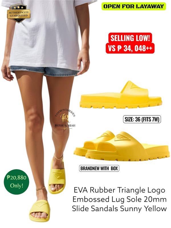 PRADA EVA Rubber Triangle Logo Lug Sole Slides 💛 (Category: Sneakers & Footwear) located in Mandaluyong City. Submitted by luxprelovedbagsparadise (Listing ID 1462407621, Image 3). Description: 🌞💛 SUNNY YELLOW. BOLD ENERGY. LUXURY COMFORT. 💛🌞 Make a statement wherever you go with these PRADA EVA Rubber Triangle Logo Lug Sole Slides — the perfect pop of color for your everyday look! ✨ That vibrant sunny yellow shade, iconic triangle logo, and