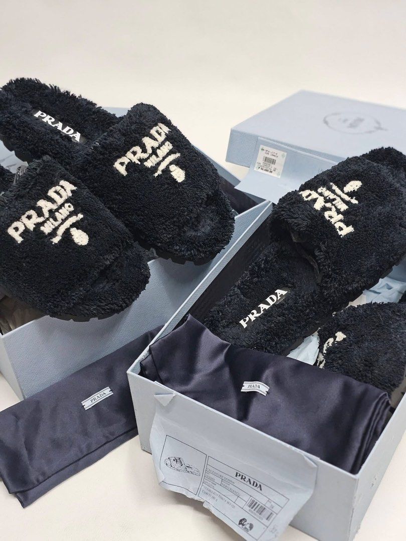 PRADA Logo-Embroidered Terry Slides 🖤 (Category: Sneakers & Footwear) located in Mandaluyong City. Submitted by luxprelovedbagsparadise (Listing ID 1462406686, Image 1). Description: 🖤 PRADA Logo-Embroidered Terry Slides 🖤 ❗️ACTUAL PHOTOS ARE POSTED❗️ Effortless luxury meets everyday comfort ✨ Crafted in Italy from soft, fluffy terry, these slides feature a moulded footbed and a wide strap with Prada’s signature embroidered logo—perfect for ch