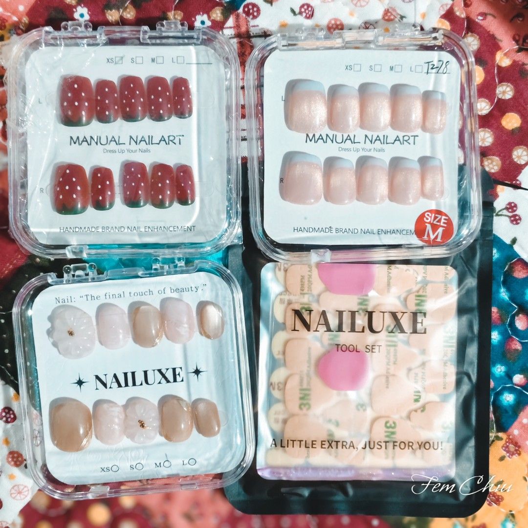 Press On Nails (Category: Hands & Nails) located in Pateros City. Submitted by soshifem (Listing ID 1462427563, Image 1). Description: 100 each pink french tip (used once) size M cream & nude flower (used once) size M strawberry (brandnew) - size XS with free glue stickers.