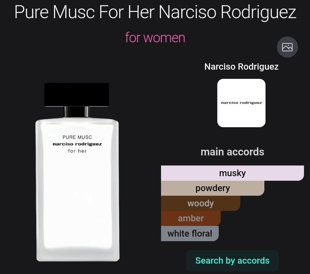 Pure musc her narciso rodriguez EDP (Category: Fragrance & Deodorants) located in Taguig. Submitted by chloe_clothingco. (Listing ID 1462341095, Image 2). Description: TESTER| DEMO BOX PERFUME SAME SCENT AS THE RETAIL VERSION SOLD FROM IN STORES. DISCLAIMER: CHLOE_Clothingco is not associated or affiliated with any of the brands featured. All copyrights and trademarks are sole property of the respective brand owners. No copyright infringement int