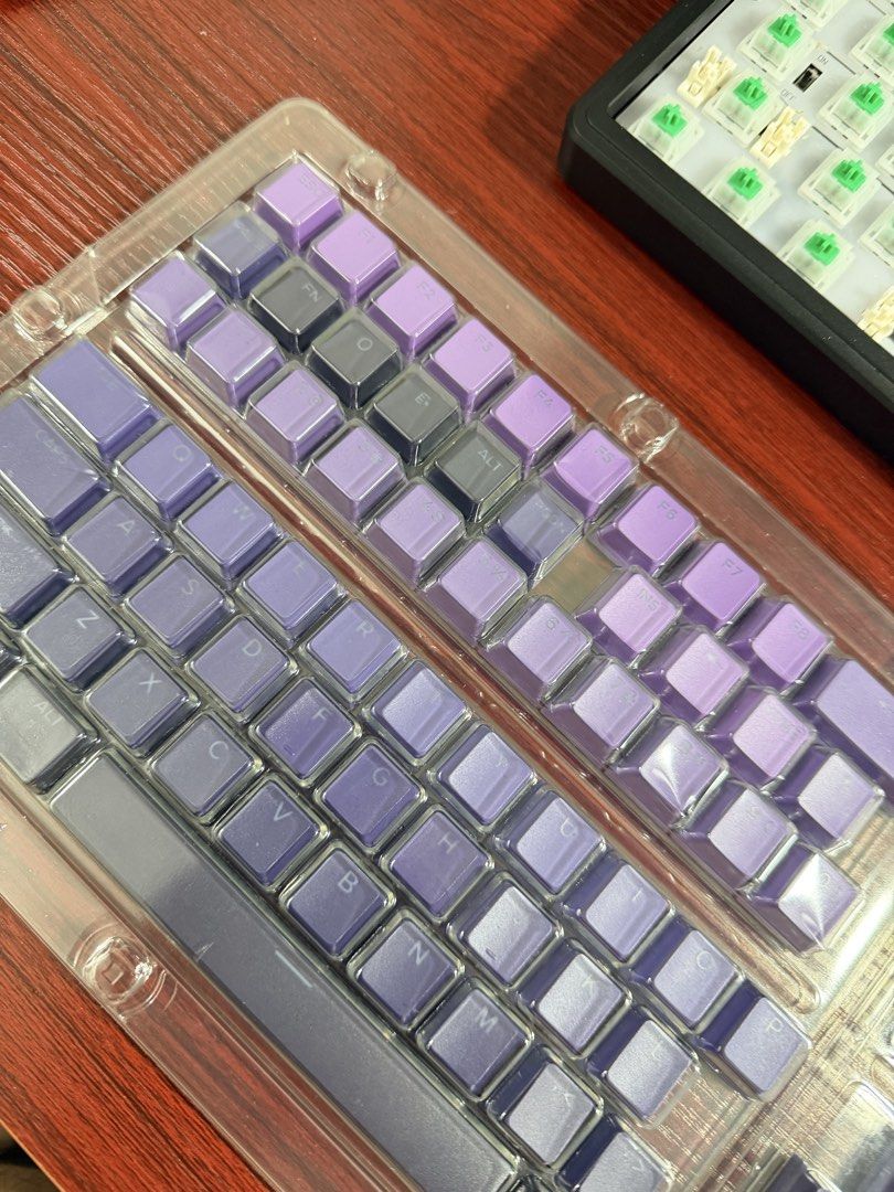 Purple Gradient PBT Doubleshot Keycaps OEM Profile 134 Keys (Category: Computer Keyboard) located in Pasig City. Submitted by amielvaldez (Listing ID 1462396691, Image 2). Description: - Set of 134 PBT doubleshot keycaps - Unique purple gradient design - Front carved characters - Translucent characters for backlighting - OEM profile - Perfect for mechanical keyboard customization - Includes original packaging.
