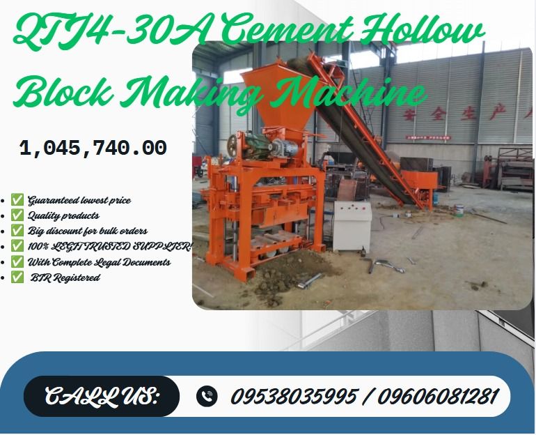 QTJ4-30A Cement Hollow Block Making Machine (Category: Construction Tools & Equipment) located in Aroroy. Submitted by 09602831019 (Listing ID 1462265585, Image 1). Description: ●Brick Type: Standard /Hollow/pavement Brick ●Power: 11.8kw/semi-auto ●Carriage Size: 850*450*25mm ●Production Capacity: 240*115*52mm 21pcs/mould 400*200*200mm 4pcs/mould 400*150*200mm 5pcs/mould ●Overall Size: 1360*1650*2660mm ●Total Mass: 1600kg .