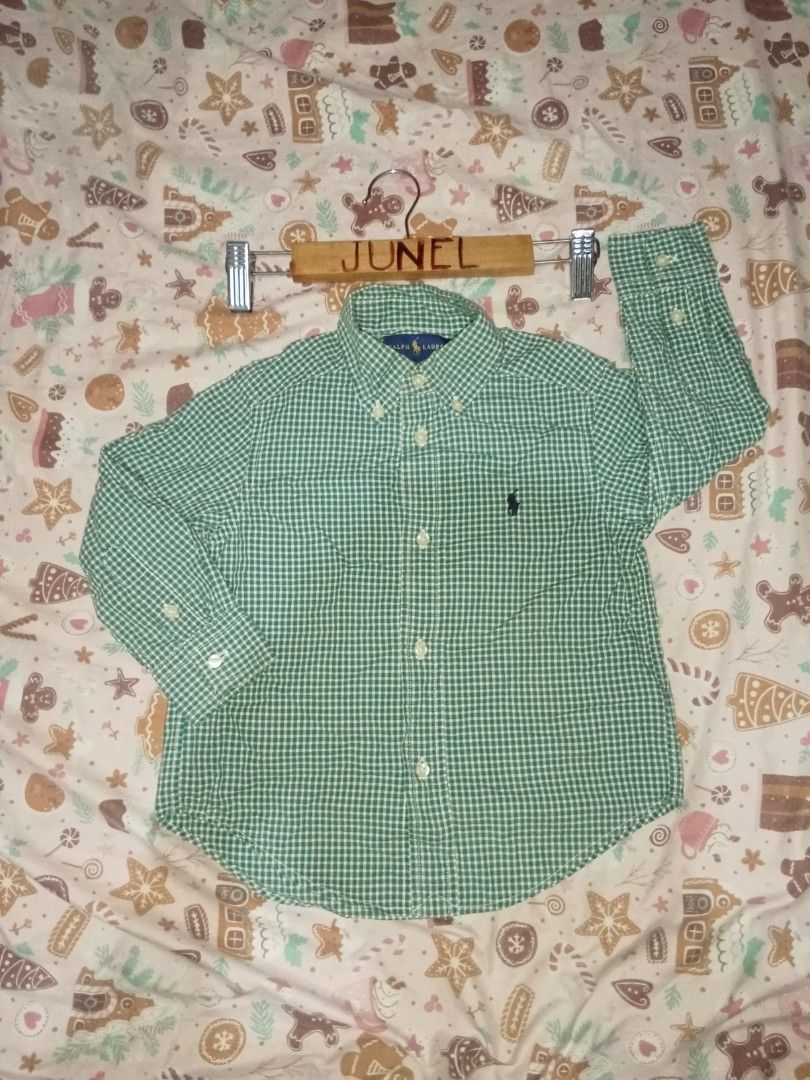 Ralph Lauren Green Gingham Button-Down Shirt 2T (Category: Babies & Kids Fashion) located in Cebu City. Submitted by junelsugar (Listing ID 1462379453, Image 1). Description: - Ralph Lauren Polo Shirt - Size: 2T - Color: Green and White Gingham - Material: 100% Cotton - Features: Classic polo player logo embroidered on chest - Style: Casual or dressy.