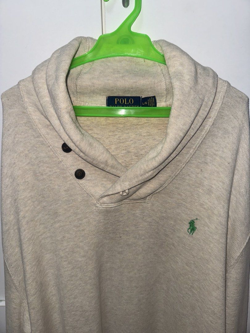 Ralph Lauren Shawl Collar Sweater (Category: Coats, Jackets and Outerwear) located in Manila. Submitted by quintessesommerset (Listing ID 1462361849, Image 2). Description: - Polo Ralph Lauren Sweater 23.5x28 - Shawl collar with button details - Green pony logo on chest - Size: L/G - Ideal for casual wear.