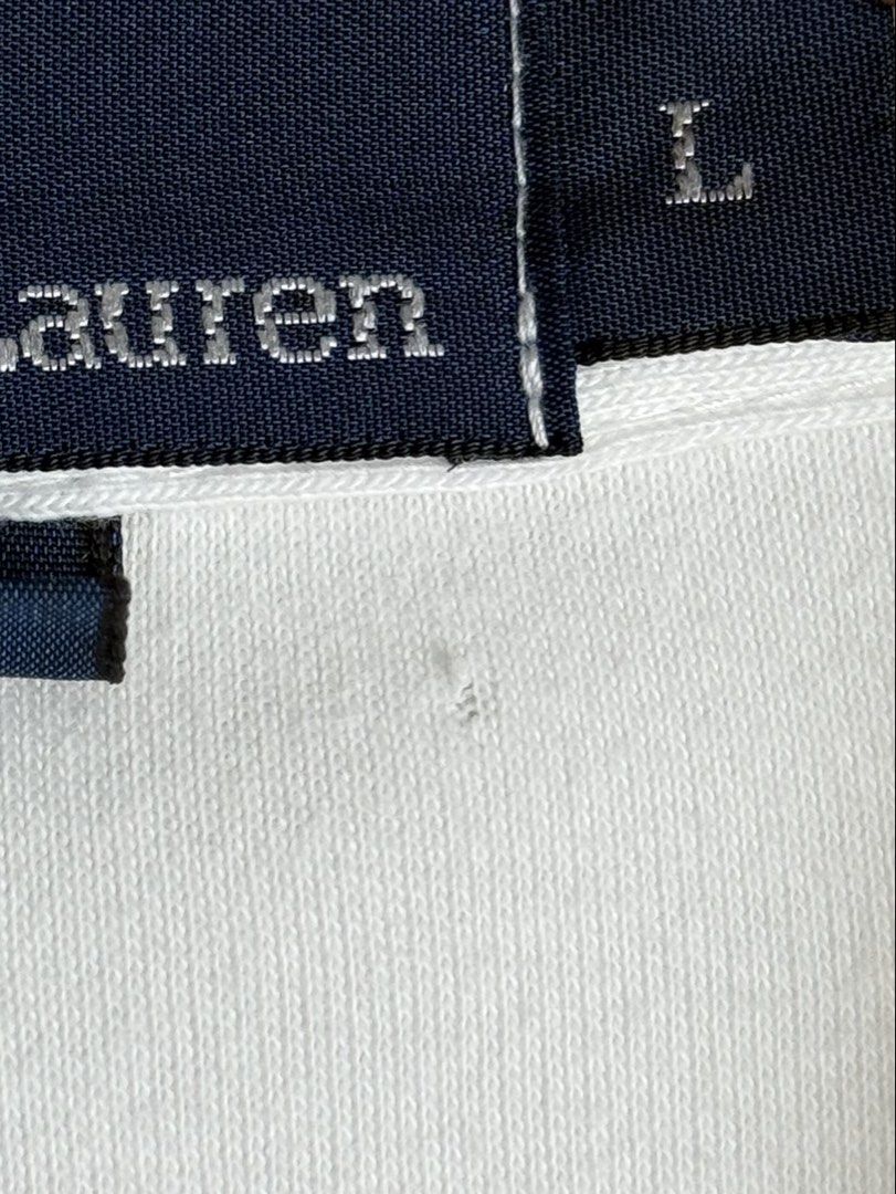 Ralph lauren white polo shirt (Category: Tshirts & Polo Shirts ) located in Daraga. Submitted by casualthread (Listing ID 1462412203, Image 3). Description: Authentic Issue last 4 pic Minimal stain need wash and minimal scratch malapit sa neck tag and slit 22.5-23x29.5 9/10 Large xl.