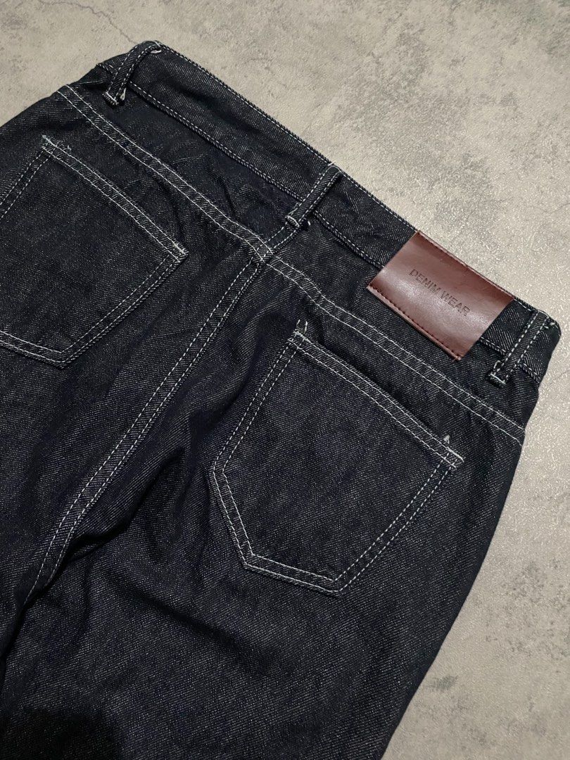 raw denim pants (Category: Jeans) located in Batangas. Submitted by yuellll (Listing ID 1462375688, Image 3). Description: Width:32 Length:42 Thigh:14.5 Hem:13.3 Color rate:10/10 Condition:10/10 Issue: N/A - Dark wash denim maxi skirt - Full length with a wide leg opening - Classic five-pocket styling - Button and zip closure at the front - Brown leather patch at the back waistband - White contrast stitching throughout - Perfect staple piece for 