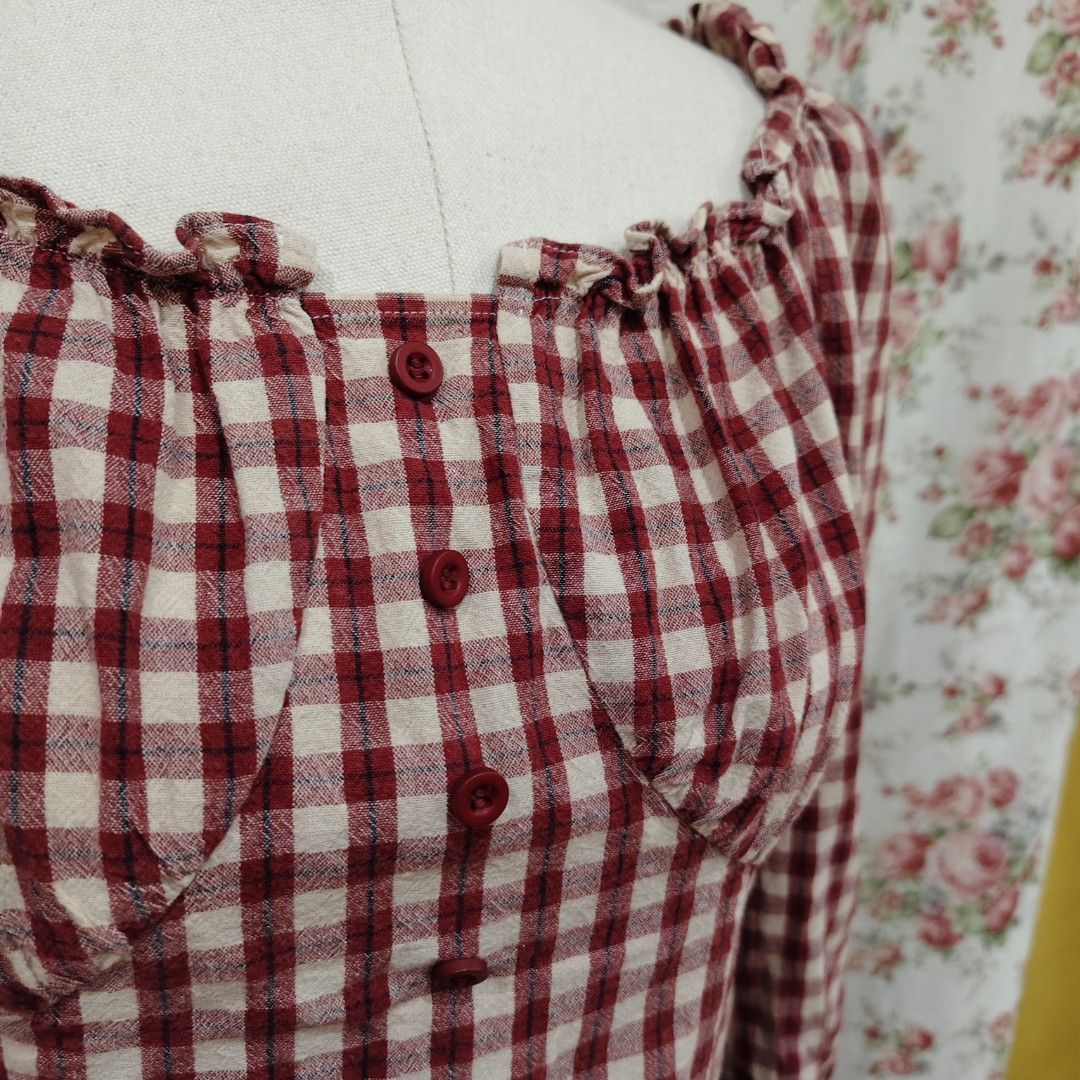 Red Korean Gingham Longsleeve Blouse (Category: Blouses) located in Cabanatuan. Submitted by curated_cozy (Listing ID 1462357930, Image 3). Description: Thrifted! Size: S-M Bust: 34" Length: 42cm -Lightly Washed -Payment thru Gcash, Gotyme, MariBank -Shipping via J&T -Buyer shoulders Shipping Fee ‼️No Rush Order‼️ [SKU: KNT4-B1 ].