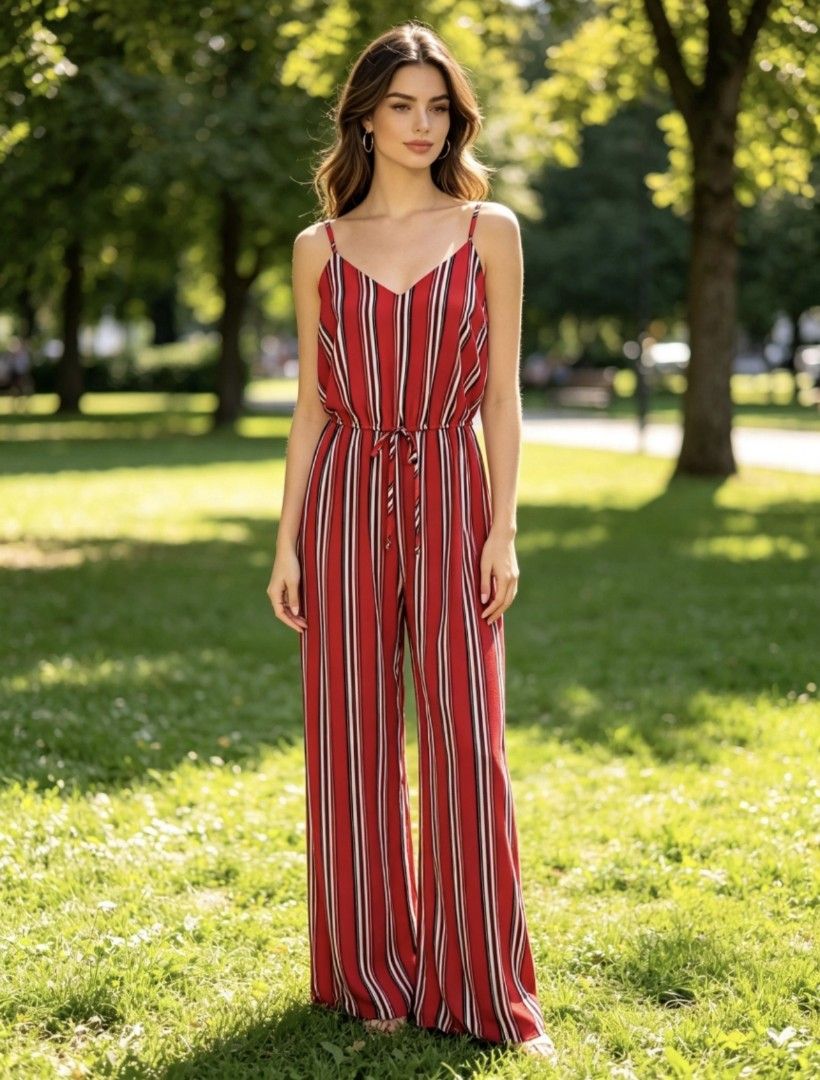 Red stripped jumpsuit with spaghetti strap (Category: Jumpsuits) located in Makati City. Submitted by khrizaccessories (Listing ID 1462378987, Image 1). Description: fits large and medium body frame garterize waistline length from waistline - 42".