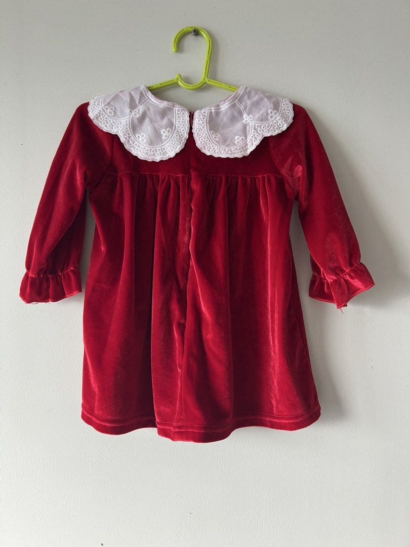 Red Velvet dress (Category: Babies & Kids Fashion) located in Mandaluyong City. Submitted by prelovedbyshayne (Listing ID 1462277690, Image 2). Description: - Red velvet dress with ruffles collar neck -used once for last year Christmas photoshoot -Size: 1y/o -Brand: Shein -Price: 250+sf -Location: Mandaluyong -MOP: Gcash/BDO/GoTyme -RFS: decluttering.