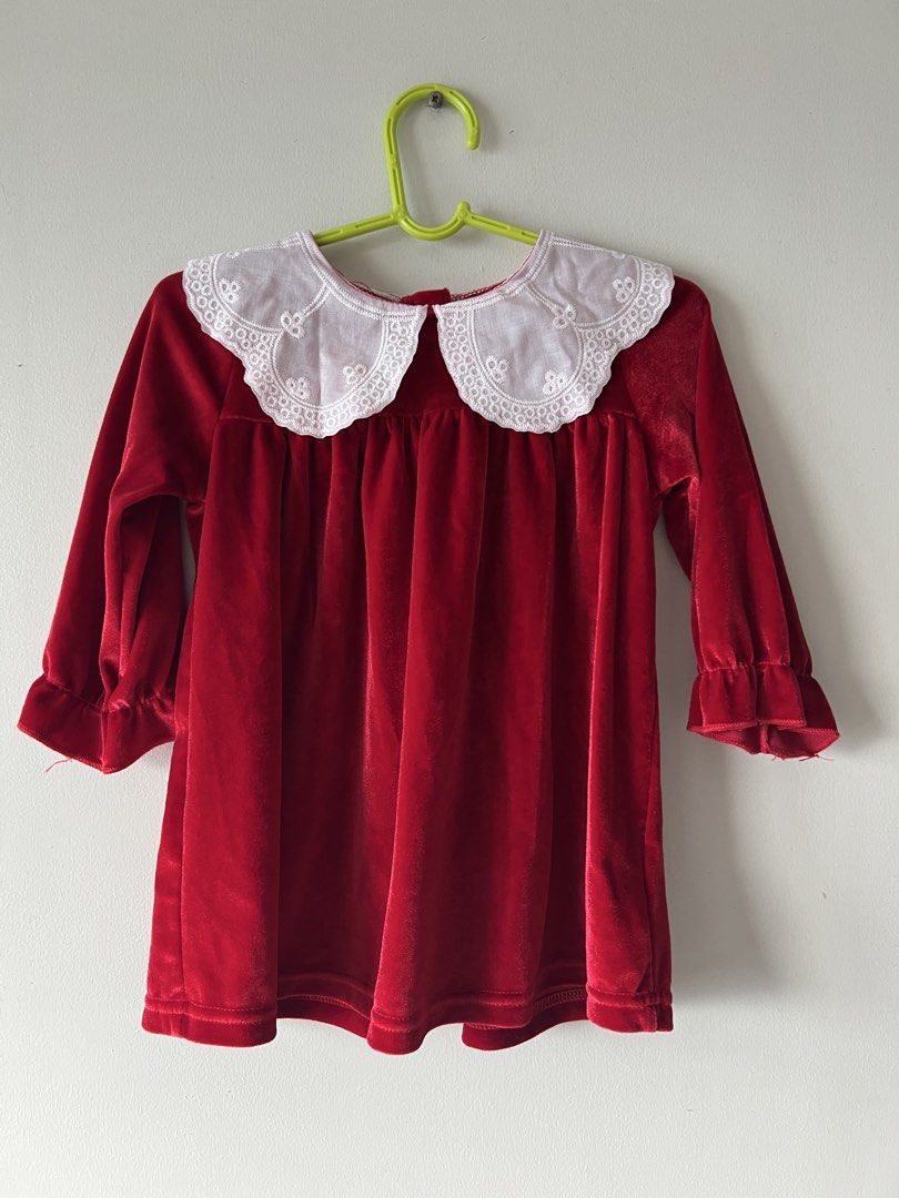 Red Velvet dress (Category: Babies & Kids Fashion) located in Mandaluyong City. Submitted by prelovedbyshayne (Listing ID 1462277690, Image 1). Description: - Red velvet dress with ruffles collar neck -used once for last year Christmas photoshoot -Size: 1y/o -Brand: Shein -Price: 250+sf -Location: Mandaluyong -MOP: Gcash/BDO/GoTyme -RFS: decluttering.
