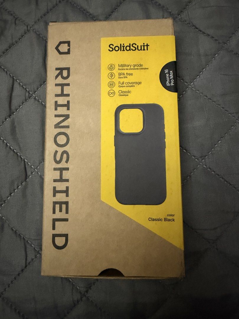 Rhinoshield Solidsuit Black (Category: Cases & Sleeves) located in Paranaque City. Submitted by irissamantha (Listing ID 1462415339, Image 1). Description: - Brand: Rhinoshield - Model: Solidsuit - Compatible with: iPhone 16 Pro Max - Color: Classic Black - Features: Military grade protection, BPA free, Full coverage RFS: Wrong size bought.