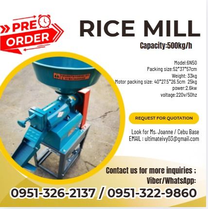 Rice mill Capacity: 500kg/h Model:6N50 (Category: Construction Tools & Equipment) located in Caloocan City. Submitted by chaseolive35337 (Listing ID 1462341380, Image 1). Description: Model:6N50 Packing size:52*37*57cm Weight: 33kg Motor packing size: 40*27.5*26.5cm 25kg power:2.6kw voltage:220v/50hz capacity:500kg/h Terms Of Payment 💰50% Down payment Upon Processing 💸 💰50% Upon pick up 💸 ✅ 100% LEGIT TRUSTED SUPPLIER! ✅ With Complete Legal D