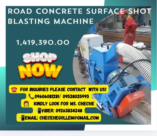 Road Concrete Surface Shot Blasting Machine (Category: Construction Tools & Equipment) located in Caloocan City. Submitted by gollemrea92925 (Listing ID 1462267227, Image 1). Description: 1. Impeller diameter:200mm 2. Effective working width:270mm 3. Walking speed: 0.5-20m/min 4. Concrete surface cleaning efficiency: 180 m2/h 5. Steel plate surface cleaning efficiency: 40-50 m2/h 6. Diameter of dust colletor connecting pipe: 120mm 7 .Recommended 