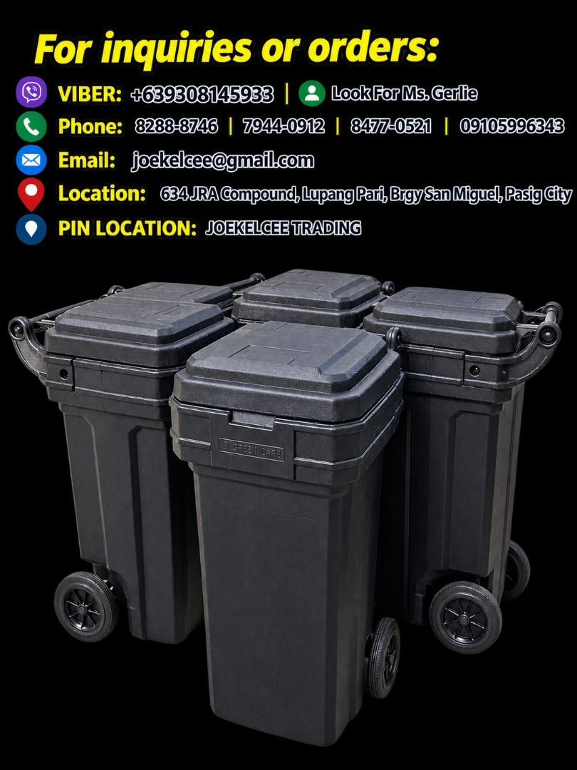ROLLERKING TRASH BIN WITH RUBBER WHEELS (Category: Waste Bins & Bags) located in Pasig City. Submitted by gerlie (Listing ID 1462285483, Image 1). Description: ROLLERKING KING TRASH BIN WITH RUBBER WHEELS 150 LITERS - 46Lx 46W x 100 CM 250 LITERS - 69L x 59Wx 110H CM - .