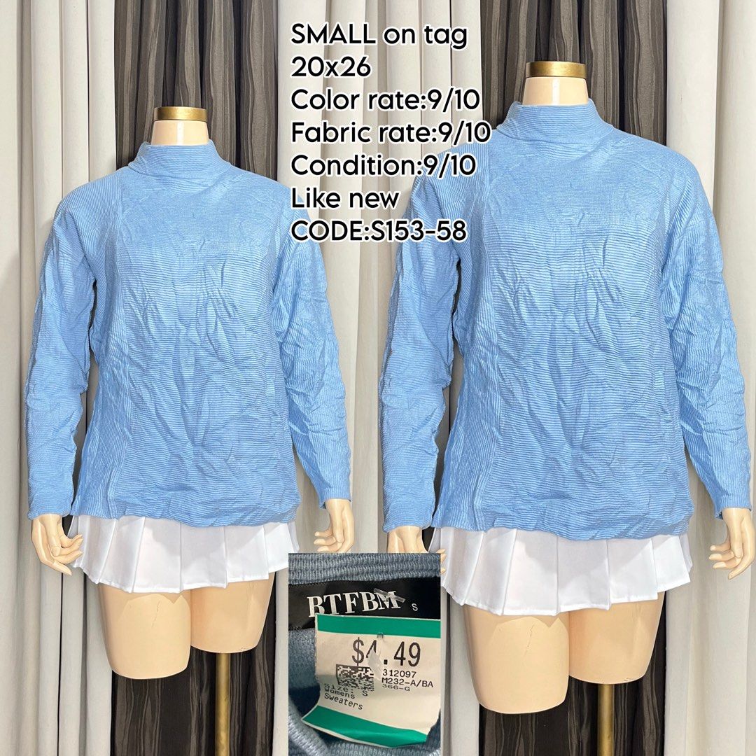 RTFBM Light Blue Ribbed Mock Neck Sweater (Category: Coats, Jackets and Outerwear) located in Naga. Submitted by rmapprl (Listing ID 1462399242, Image 1). Description: - Light blue RTFBM sweater - Mock neck style - Ribbed texture - Size S - Measurements: 20 inches (width) x 26 inches (length) - Super comfy and soft - Great for layering or wearing on its own.