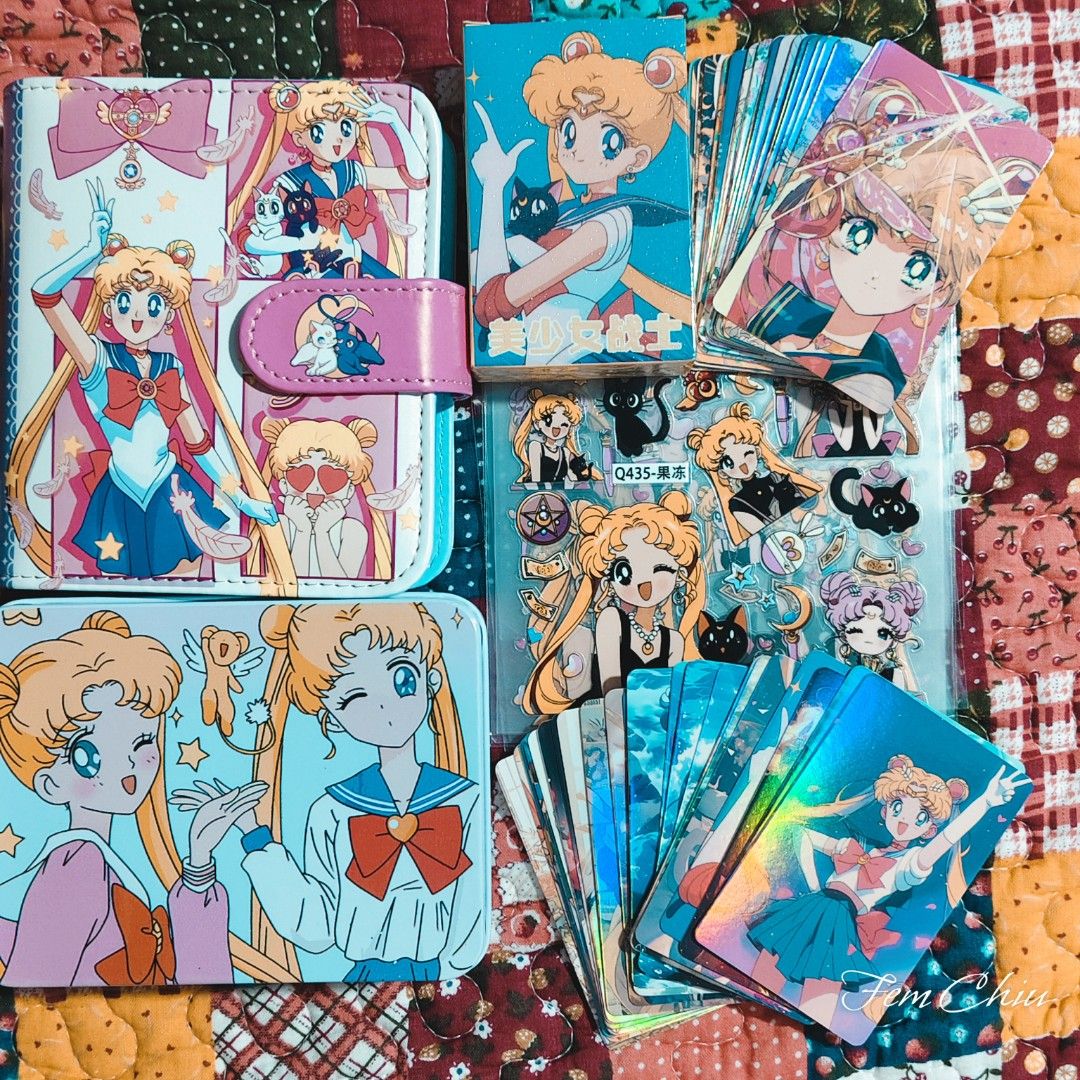 Sailor Moon items merch cards planner binder box tin can (Category: J-Wave Merchandise) located in Pateros City. Submitted by soshifem (Listing ID 1462427952, Image 1). Description: Sailormoon items 🩷planner/notebook (size mini A6) with refills - 350 🩷 1 box of holographic cards - 150 🩷 tin can - 150.