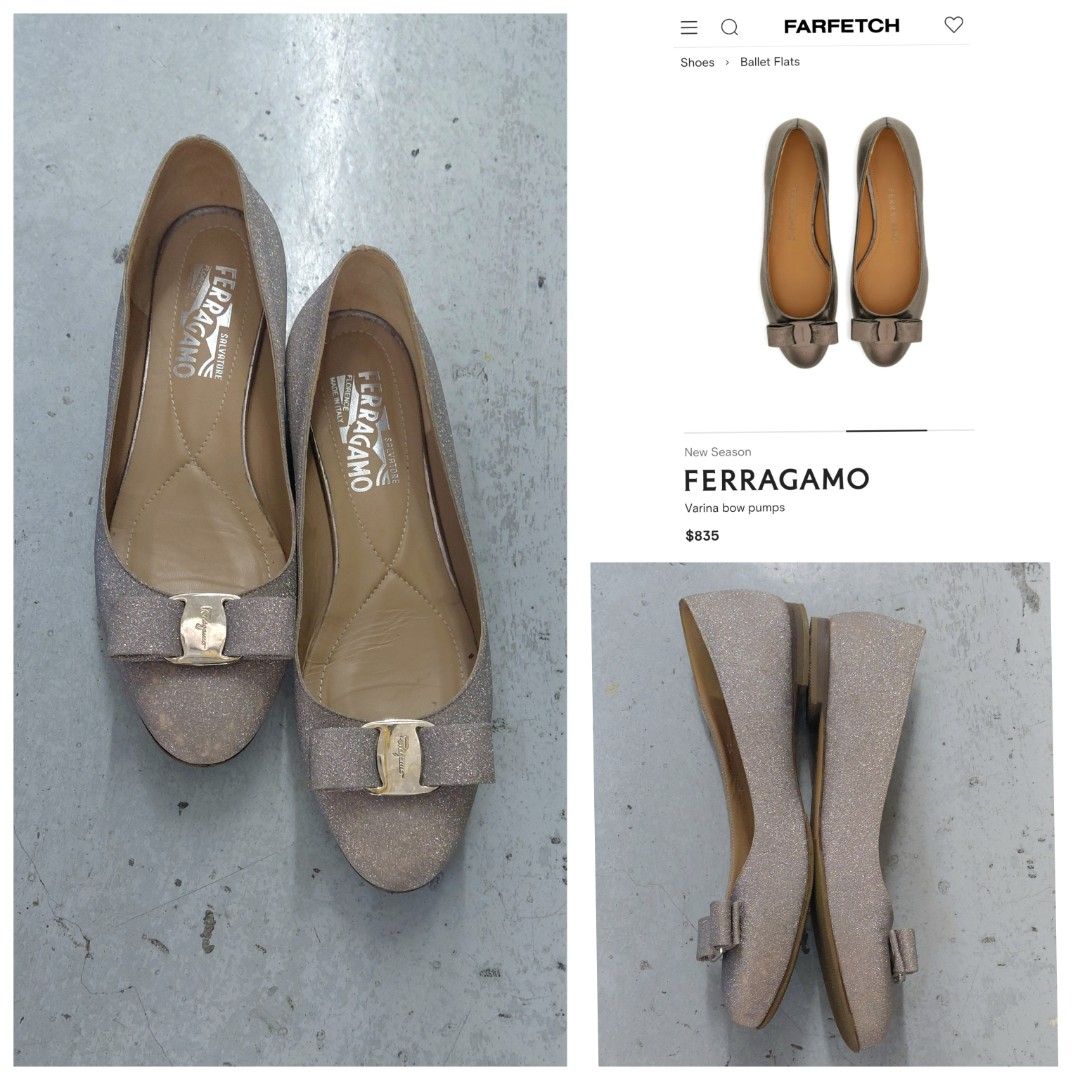 💯Salvatore Ferragamo Glitter Bow Ballet Flats (Category: Flats & Sandals) located in Mandaluyong City. Submitted by arlene2560 (Listing ID 1462300638, Image 1). Description: 💯 Salvatore Ferragamo gold sparkly glitter Varina bow flats. Size 37.5 C. Decluttering P2400. Mandaluyong Salvatore Ferragamo ballet flats - All-over glittery materia - Iconic Vara bow detail - Comfortable slip-on style - Versatile for dressing up or down - Comes with origi