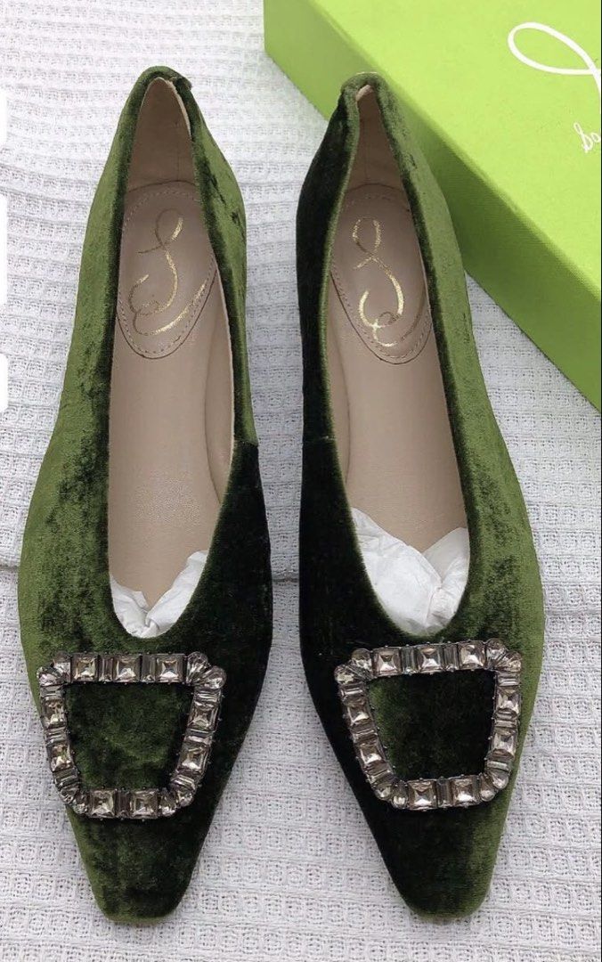 Sam Edelman Green Velvet Embellished Flats (Category: Voice Recorders) located in Angeles City. Submitted by migs_font29 (Listing ID 1462433646, Image 1). Description: - Brand: Sam Edelman - Material: Green Velvet - Feature: Square Crystal Buckle - Condition: Brand new with original box - Available Sizes: 35.5, 38, 38 - Style: Perfect for dressing up or down.