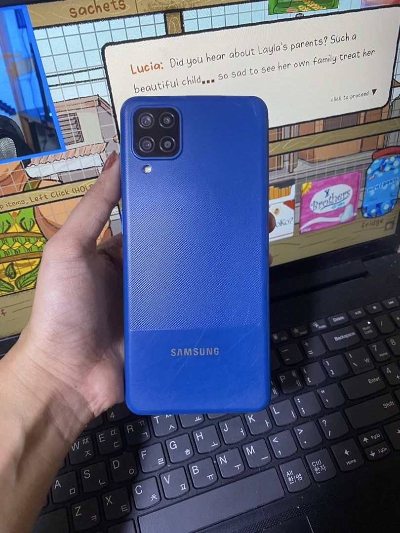 Samsung galaxy A12 128GB (Category: Samsung) located in Manila. Submitted by misayski (Listing ID 1462321770, Image 2). Description: Honest issue: LCD (still touchable), No fingerprints & there’s some scratches at the back (no case).
