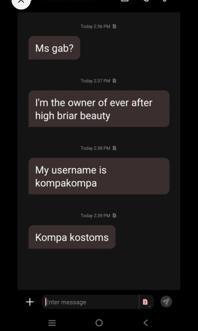 ‼️SCAMMER ALERT‼️Monster High, Ever After High (Category: Figurines & Statues) located in Tabaco. Submitted by kompakompa (Listing ID 1462320520, Image 3). Description: Hello there! This is Kompa Kompa, Kompa Kostoms and this is my only account and contact number. It's baffling how people are willing to go at such lengths to steal someone's identity for their personal gain. I've received these screenshots from a trusted customer of mine. That is 