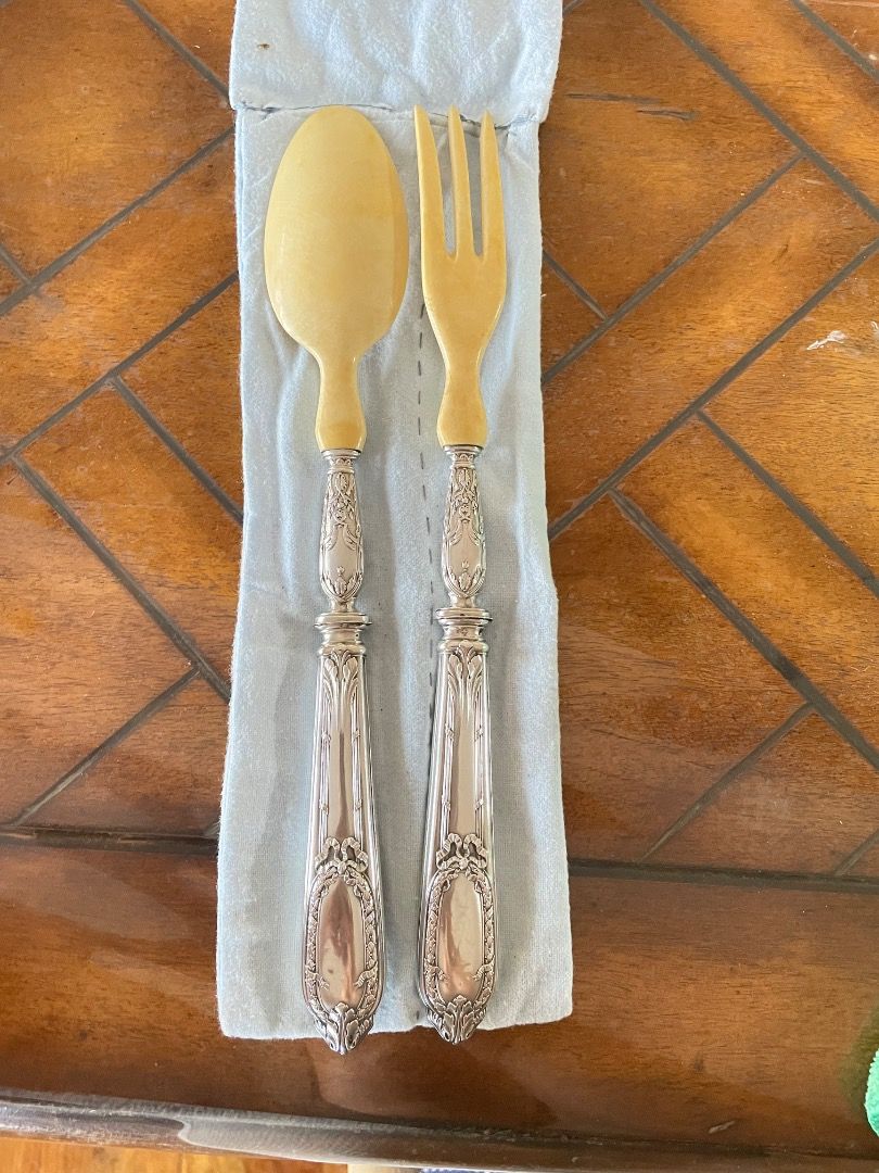 Serving Salad Set Louis XVI (Category: Luxury Accessories) located in Caloocan City. Submitted by eu_antiques53 (Listing ID 1462370717, Image 2). Description: - Patterned with garlands and ribbons. - Napoleon III period (1850-1870) - No monogram - Real Ivory - 2 hallmarks on each piece, French Minerva n1 for the best titre for sterling silver (950/1000) on the handles, work of master stamp “E.B.” With an imperial stick in between for: Ernest Banq