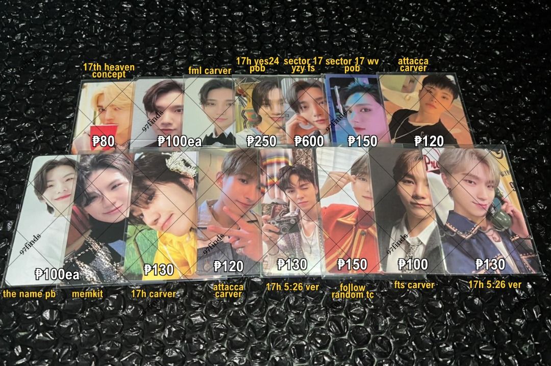 Seventeen Photocards (Category: K-Wave Merchandise) located in Quezon City. Submitted by vvante (Listing ID 1462389293, Image 1). Description: • wts lfb ph — seventeen photocards ~ ₱ in pic + pf & lsf — 50% dp, rembal in 1 week — all onhand and good condi — intl buyers ok! #. svt scoups joshua hoshi woozi the8 minghao hao dk seokmin vernon seungkwan dino seventeenth heaven fuck my life fml carat ver version carver yes24 pob sector 17 yizhiyu yzy 