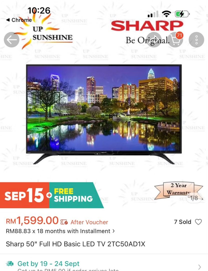 Sharp 50' (Category: TV) located in Cyberjaya. Submitted by moeeltayeb (Listing ID 1462400844, Image 3). Description: Screen Size: 50 inches (126 cm)Resolution: 1,920 x 1,080 pixels (Full HD)Display Engine: X2 Master EngineSmart TV Features: No (Basic TV)Connectivity: 2 x HDMI, 1 x USB, Audio out, AntennaAudio Output: 10W x 2 with Sound Reflect DesignDigital Tuning: DVB-T2.