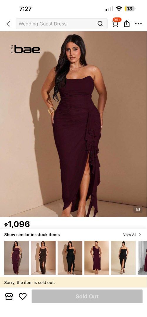 SHEIN Bae Burgundy Ruched Strapless Gown (Category: Evening dresses & gowns) located in Las Pinas. Submitted by csco.mnl (Listing ID 1462438131, Image 1). Description: - Stunning burgundy strapless gown - Elegant ruching detail - Flattering high slit - Chic ruffle accent on the side - Perfect for weddings and formal occasions - Worn only once - size: 0XL.