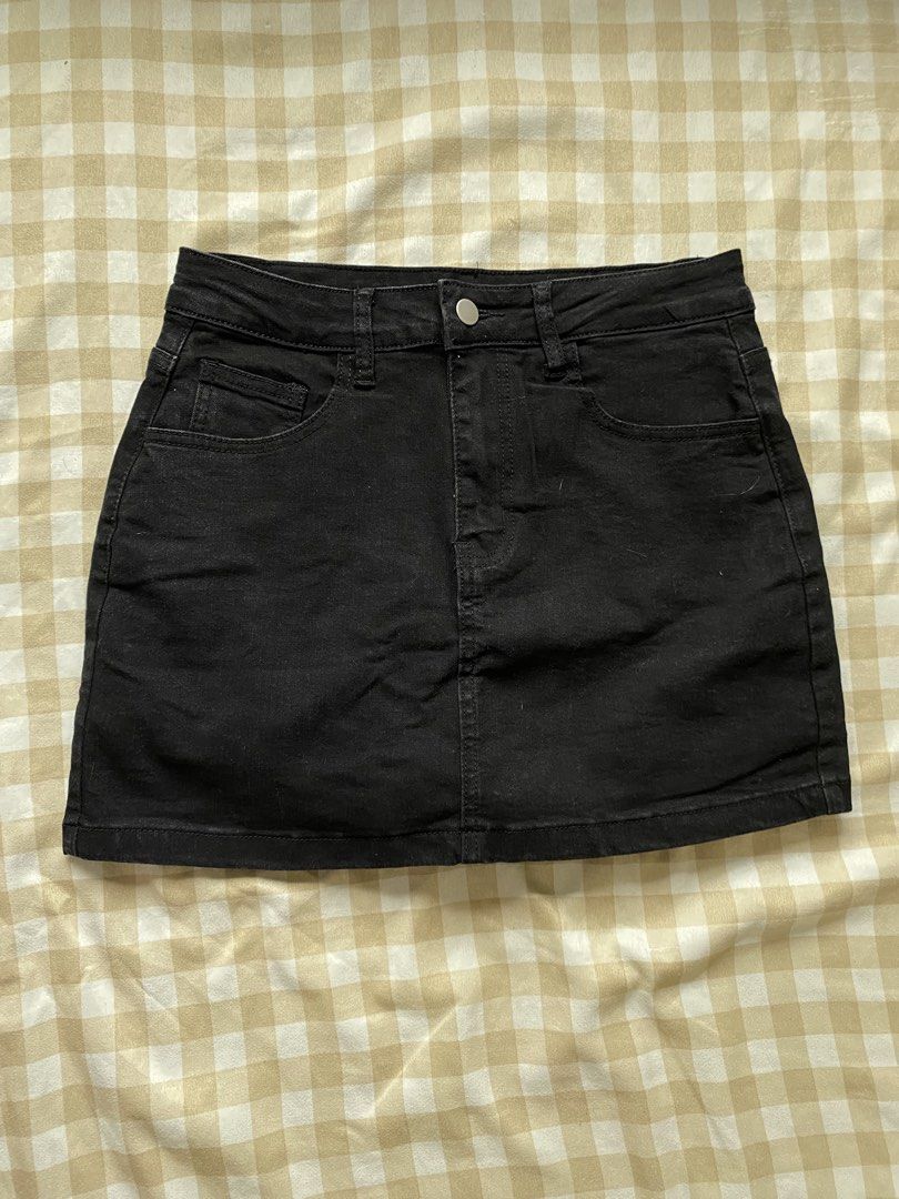 SHEIN High-Waisted Black Denim Skort (Category: Other Bottoms) located in Santa Maria. Submitted by closetclearout_co (Listing ID 1462276374, Image 2). Description: Brand: SHEIN Color: Black Material: Denim / Cotton Blend Condition: Like New (Tried on once, never worn out) Details: High-waisted fit, built-in safety shorts underneath, classic 5-pocket denim design, front button and zip fly closure.
