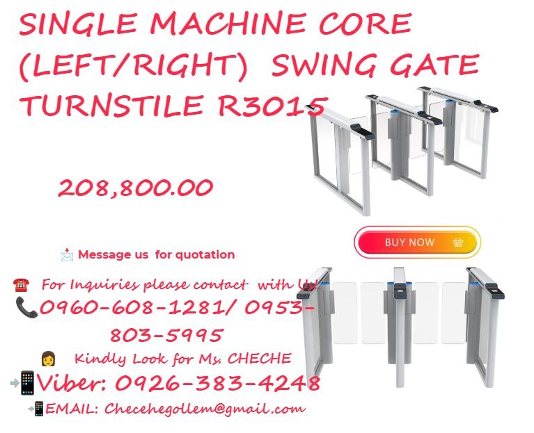 Single machine core (Left/Right) swing gate turnstile R3015 (Category: Home Improvement Tools & Accessories) located in Caloocan City. Submitted by michealaus73574 (Listing ID 1462270077, Image 1). Description: 1) Size:1500*120*980mm 2)Material:2.0mm steel powder 3)infrared:5 pairs of infrared dot 4) Pass Width:600~900mm; 5) Passrate:35 persons/minute; 6)Input:100-240V 7) Motor type: DC Brushless Motor 8) Working temperature:-20~70°C 9) Working p