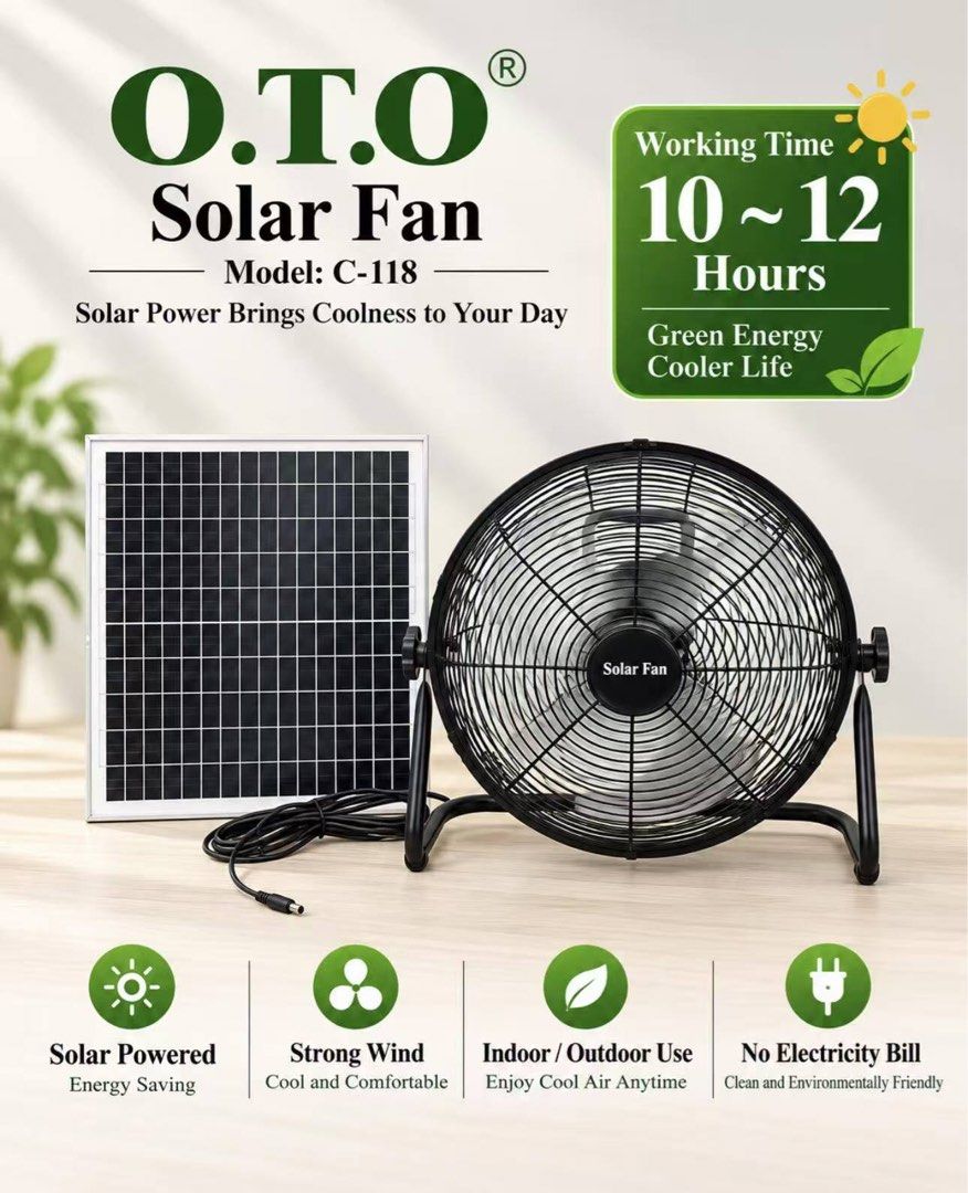 Solar Fan (Category: Fans) located in Manila. Submitted by o.t.o_solar_xinmey_lighting (Listing ID 1462310128, Image 1). Description: O.T.O Solar Fan. Power source : • Operates using solar energy via an included solar panel or an adaptor for standard electrical charging. Battery life : • Provides on estimates 10 to 12 hours of working time on a full charge. Controls : • Includes adjustable speed settings for customized airflow..