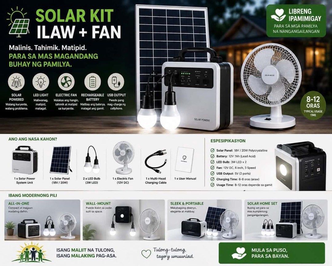 Solar Power System Kit with Fan and LED Light (Category: Fans) located in Makati City. Submitted by emeraldjade_star (Listing ID 1462331011, Image 2). Description: - Complete solar power kit for your home - Includes: Solar panel, power system unit, LED bulb, electric fan, USB charging cable - Ideal for areas with unstable electricity - Powers essential appliances and keeps you cool - USB charging for your phone - Long usage time per charge - 8-10