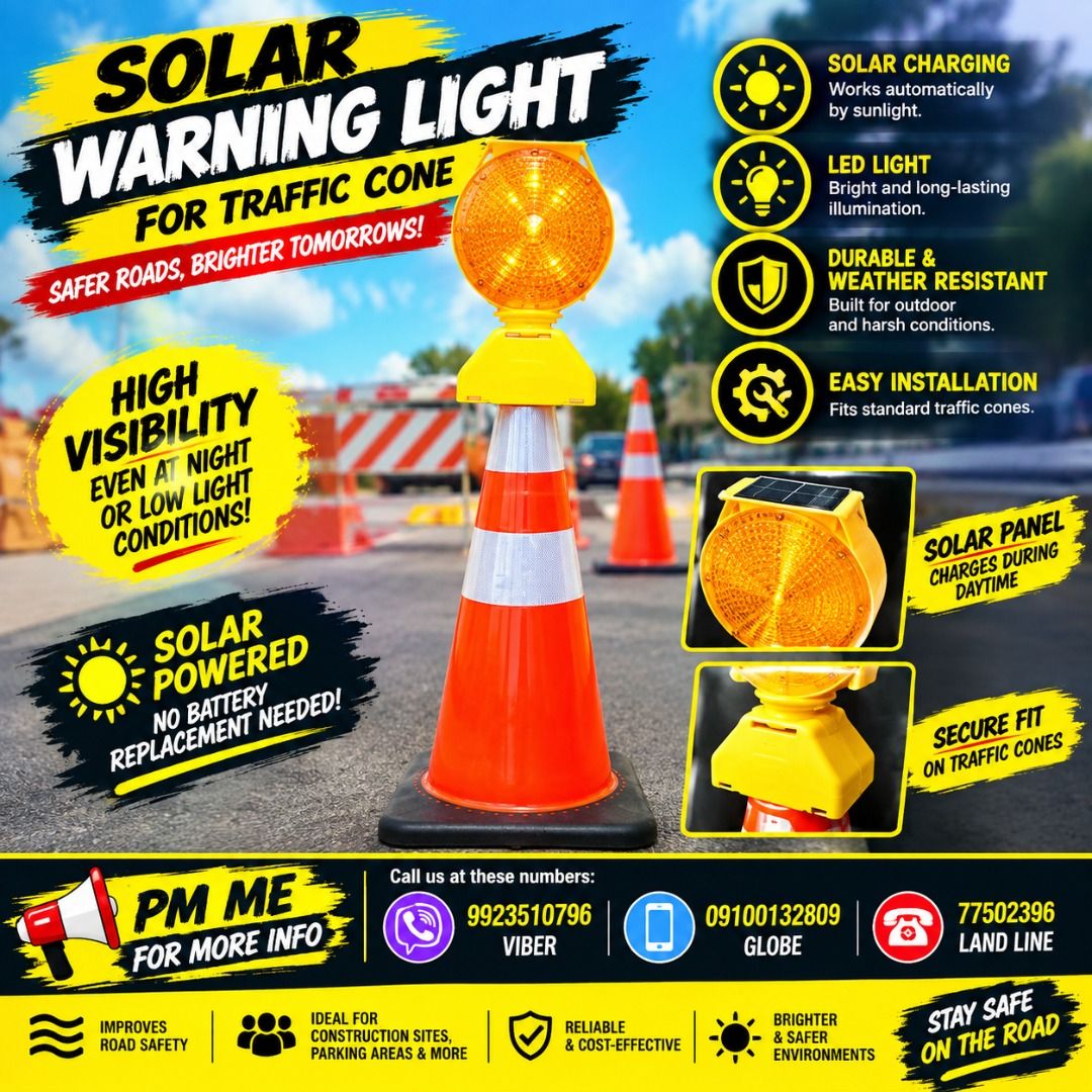 Solar Powered Traffic Cone Warning Light - High Visibility (Category: Looking For) located in Caloocan City. Submitted by trzl_liza14 (Listing ID 1462264039, Image 1). Description: ✅ Guaranteed lowest price ✅ Quality products ✅ Big discount for bulk orders ✅ 100% LEGIT TRUSTED SUPPLIER! ✅ With Complete Legal Documents ✅ BIR Registered We Supply All Kinds Of PPE Supplies, Raincoat, Hard Hat, Cooler Box, Plastic Trash Bin, Road Barriers, Kayak Boat