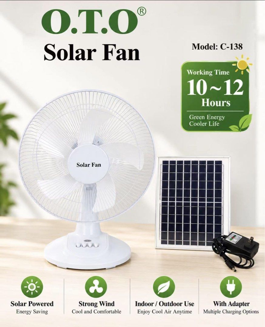 Solar Rechargeable Fan (Category: Fans) located in Manila. Submitted by o.t.o_solar_xinmey_lighting (Listing ID 1462309244, Image 1). Description: O.T.O Solar Rechargeable Fan. Power source : • Operates using solar energy via an included solar panel or an adaptor for standard electrical charging. Battery life : • Provides on estimates 10 to 12 hours of working time on a full charge. Controls : • Includes adjustable speed settings for customized a