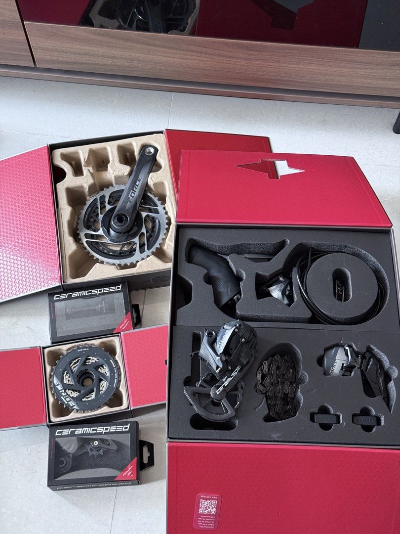 SRAM Force AXS Groupset with CeramicSpeed Drivetrain (Category: Bicycles) located in Mabalacat. Submitted by ram.yatco (Listing ID 1462267334, Image 1). Description: - Full SRAM Force AXS electronic groupset - Includes: Crankset, Shifters, Derailleurs, Chain - Upgraded with CeramicSpeed Pulleys - Upgraded with CeramicSpeed Bottom Bracket.