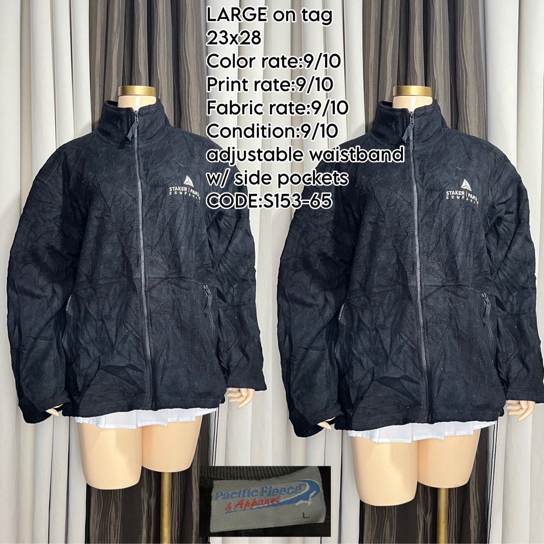 Staker Parson Companies Black Fleece Jacket - Large (Category: Coats, Jackets and Outerwear) located in Naga. Submitted by rmapprl (Listing ID 1462398729, Image 1). Description: - Brand: Staker Parson Companies - Type: Black Fleece Jacket - Size: Large (fits 23x28) - Features: Adjustable waistband, side pockets - Ideal for: Layering - Condition: Color 9/10, Print 9/10, Fabric 9/10 - Product Code: S153-65.