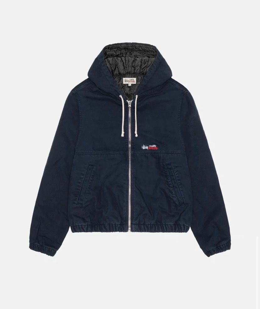 Stussy Navy Blue Hooded Jacket (Category: Coats, Jackets and Outerwear) located in Rizal. Submitted by boracart (Listing ID 1462296192, Image 1). Description: - Navy blue Stussy jacket - Hooded design - Zip-up front with white drawstrings - Two front pockets - Lined interior - Estimated size: Medium - Ideal for casual wear.