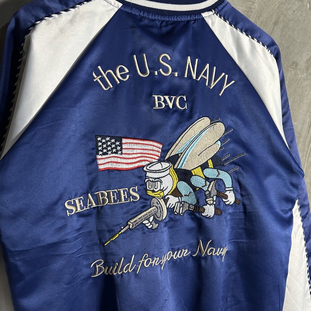 Sukajan - The US Navy Varsity Jacket (Category: Coats, Jackets and Outerwear) located in Tayabas. Submitted by streetdepartment (Listing ID 1462267994, Image 2). Description: Sukajan - The US Navy Varsity Jacket Measurements (inches): Width: 22” Length: 25.5” Size - Medium Good condition Flaw/s: no tags, dirt/yellow stains in white part (needs deep wash).