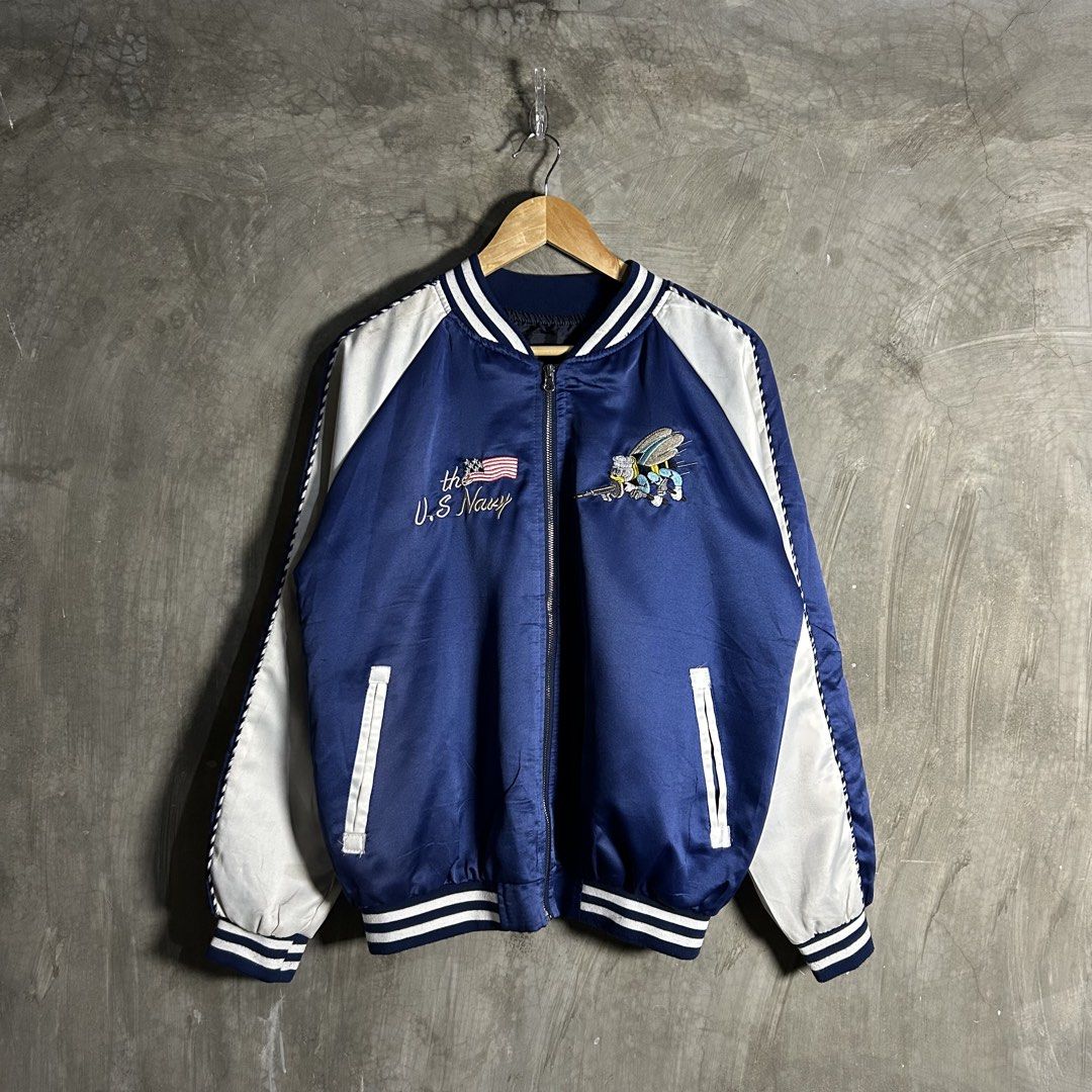 Sukajan - The US Navy Varsity Jacket (Category: Coats, Jackets and Outerwear) located in Tayabas. Submitted by streetdepartment (Listing ID 1462267994, Image 3). Description: Sukajan - The US Navy Varsity Jacket Measurements (inches): Width: 22” Length: 25.5” Size - Medium Good condition Flaw/s: no tags, dirt/yellow stains in white part (needs deep wash).