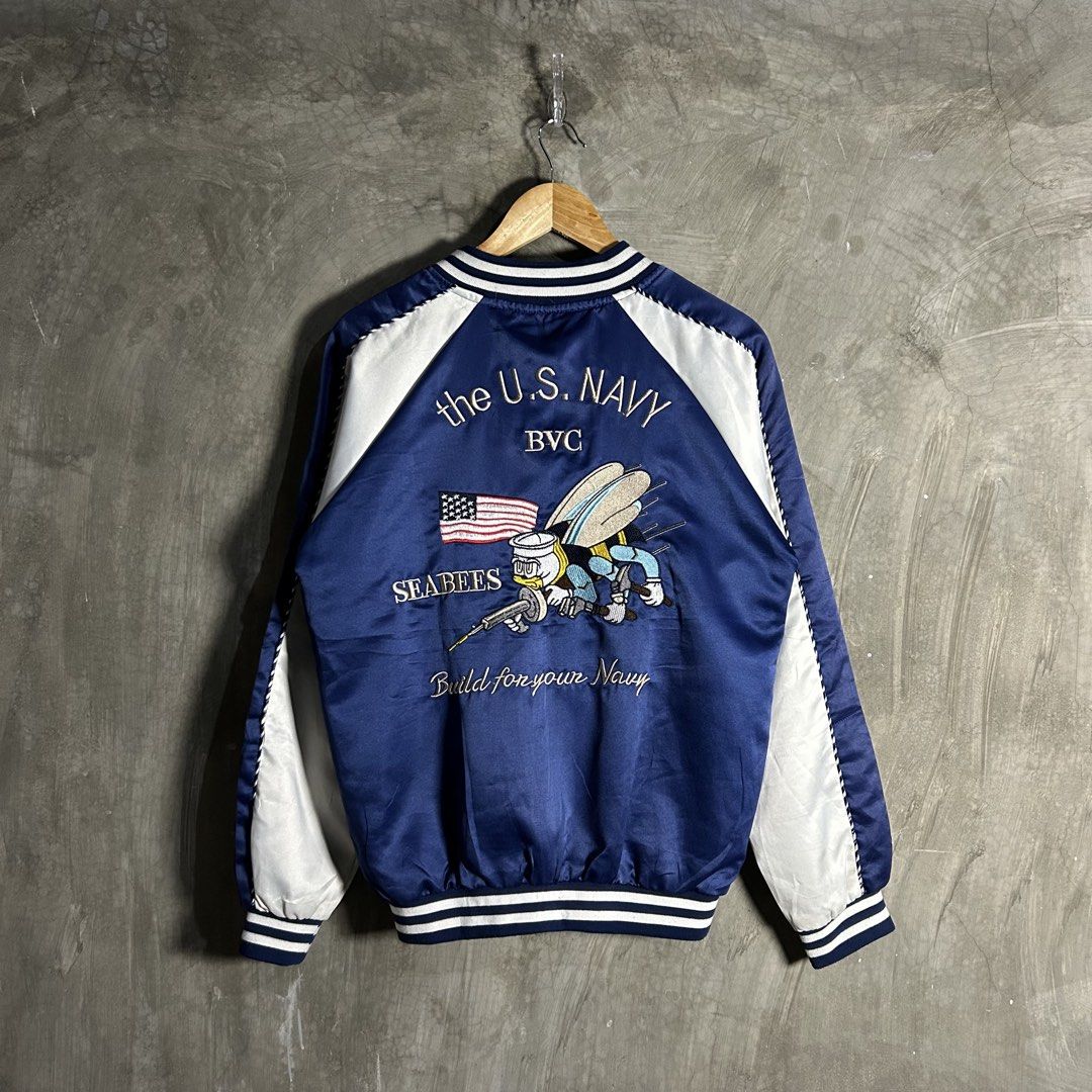 Sukajan - The US Navy Varsity Jacket (Category: Coats, Jackets and Outerwear) located in Tayabas. Submitted by streetdepartment (Listing ID 1462267994, Image 1). Description: Sukajan - The US Navy Varsity Jacket Measurements (inches): Width: 22” Length: 25.5” Size - Medium Good condition Flaw/s: no tags, dirt/yellow stains in white part (needs deep wash).