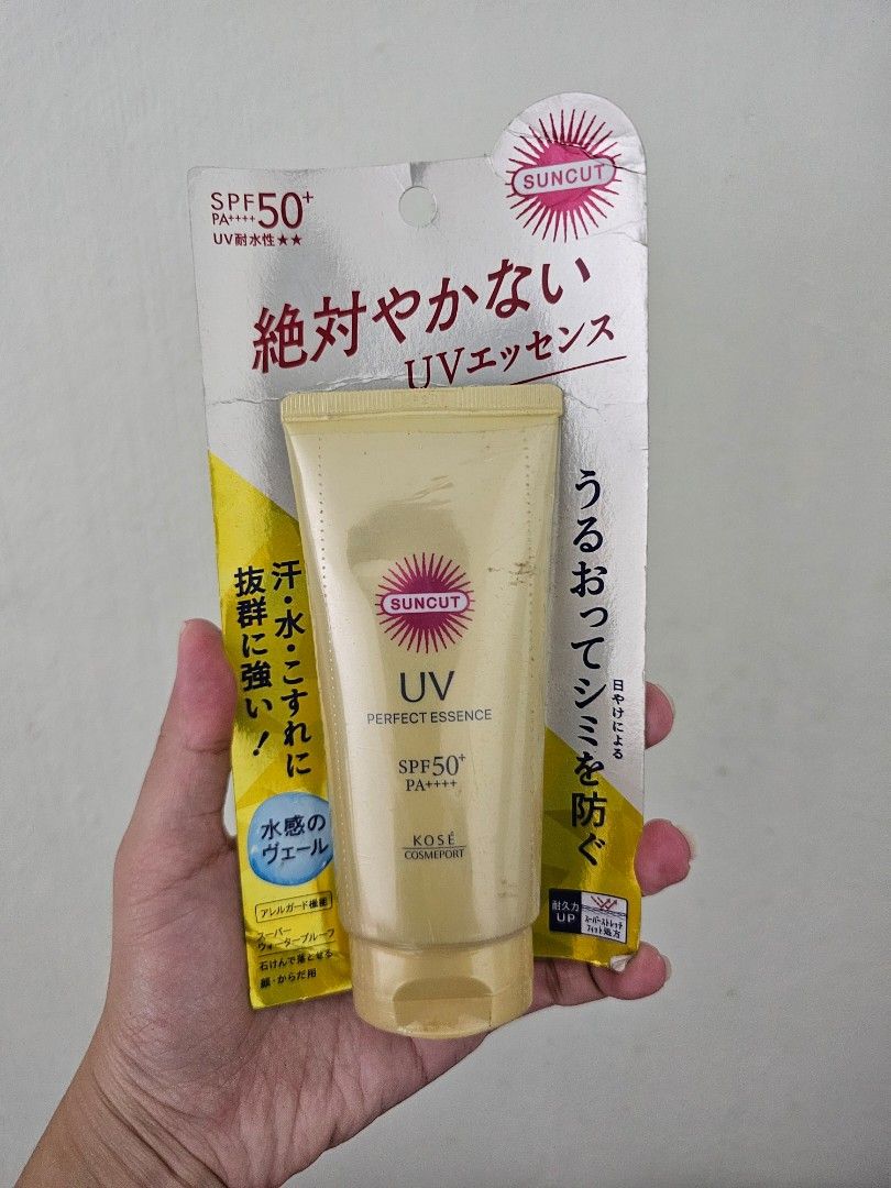 SUNCUT UV Perfect Essence SPF50+ PA++++ Sunscreen (Category: Face Care) located in Manila. Submitted by tokyo_thv (Listing ID 1462285379, Image 1). Description: - SUNCUT UV Perfect Essence Sunscreen - High Protection: SPF50+ and PA++++ - Strong Resistance: Sweat, water, and rubbing proof - Texture: Lightweight, watery essence - Usage: Ideal for daily use on face and body - Benefits: Protects skin from UV rays, prevents sunspots.