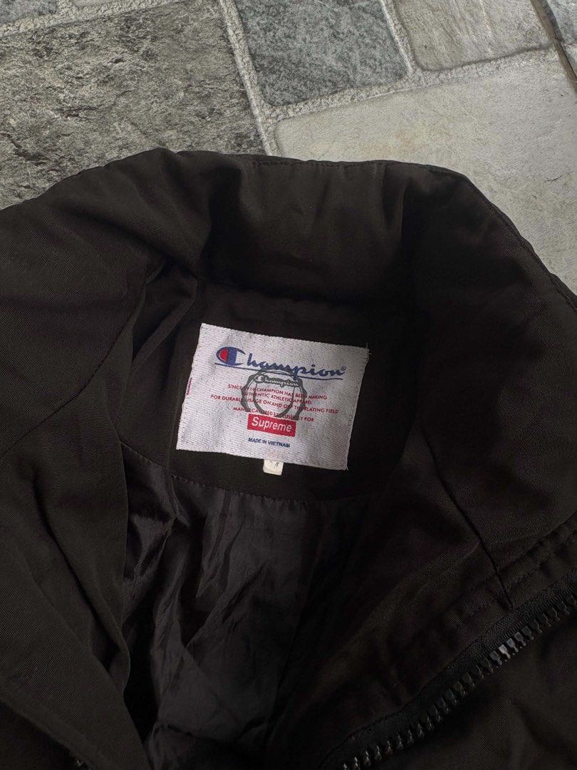 Supreme Champion Black Jacket (Category: Coats, Jackets and Outerwear) located in Manila. Submitted by 0000.ramen (Listing ID 1462364335, Image 3). Description: Champion X Supreme Medium Width 23 Length 27 Good Condition Issue swipe pics.