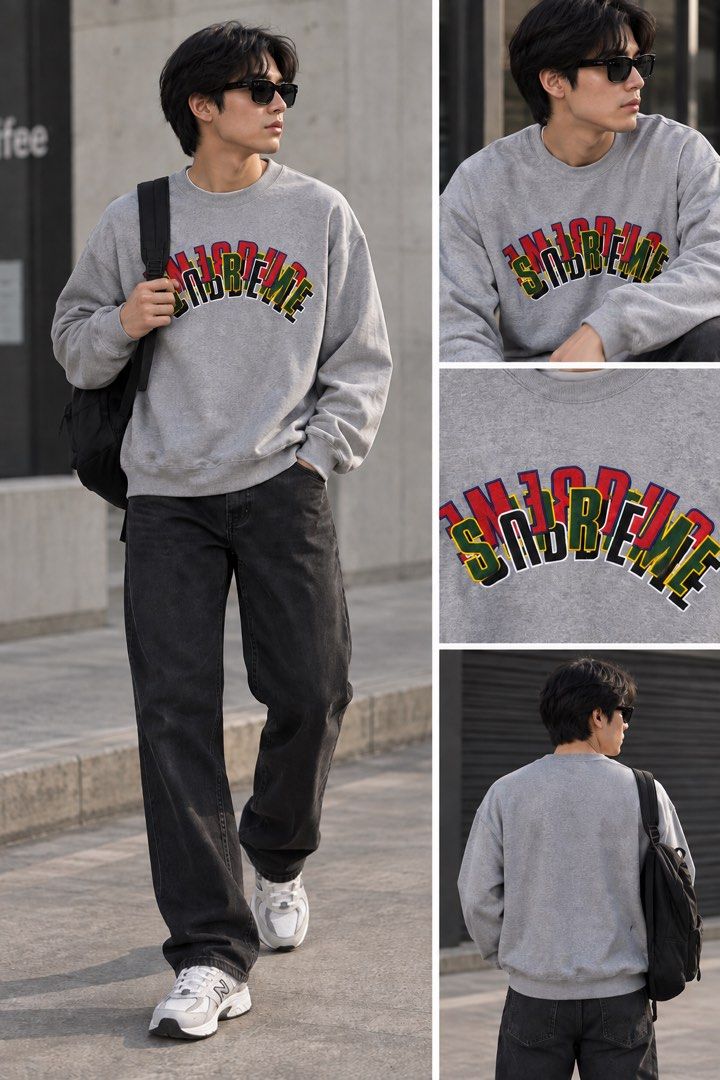 SUPREME STACKED CREWNECK (Category: Coats, Jackets and Outerwear) located in Cabuyao City. Submitted by pormanation-thrift-store (Listing ID 1462365253, Image 2). Description: SUPREME STACKED CREWNECK Condition: NEW WITH TAGS Color rate: 10/10 Size: LARGE Dimes: 25.5”Wx29”L Issue: NONE‼️ Price: 6500.