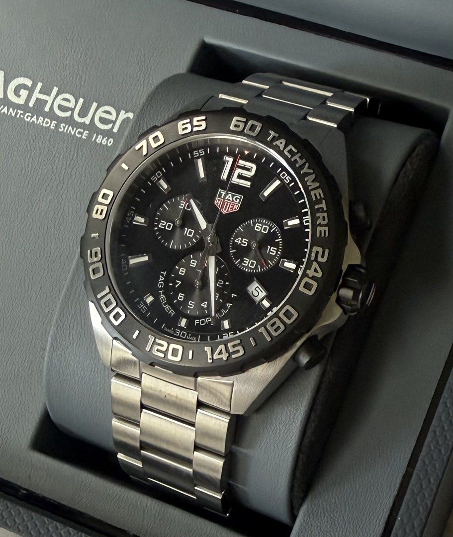 Tag heuer Formula 1 Chronograph (Category: Luxury Watches) located in Quezon City. Submitted by pedro_demain (Listing ID 1462298389, Image 1). Description: Tag heuer formula 1 Chronograph Caz1010 model 43mm quartz With box,manual ,card & extra link Original rubber strap included Good as new Qc & Bgc area 09955225741.