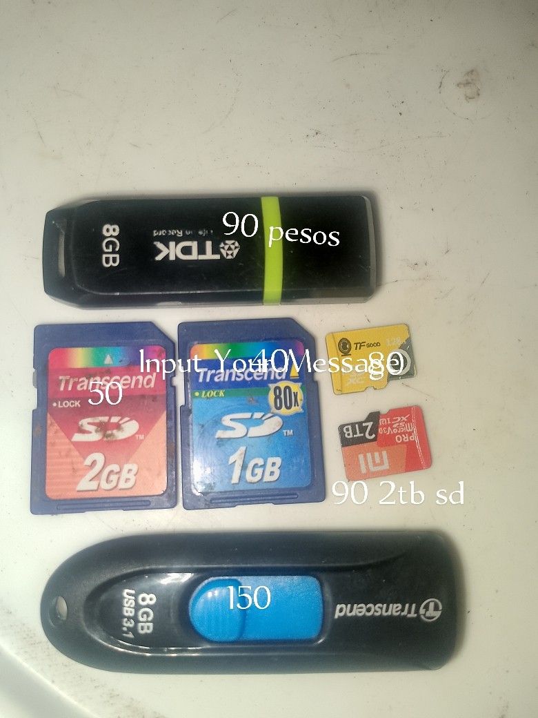 TDK 8GB USB Flash Drive and SD Cards (Category: Memory & SD Cards) located in Caloocan City. Submitted by samyx23 (Listing ID 1462354978, Image 1). Description: - TDK 8GB USB Flash Drive - 150 pesos - Transcend 2GB SD Card - 50 pesos - Transcend 1GB SD Card - 80 pesos - Yellow TF Card - 90 pesos - Xiaomi 2TB SD Card (Red) - 90 pesos All items are tested and working. Ready for your storage needs!.