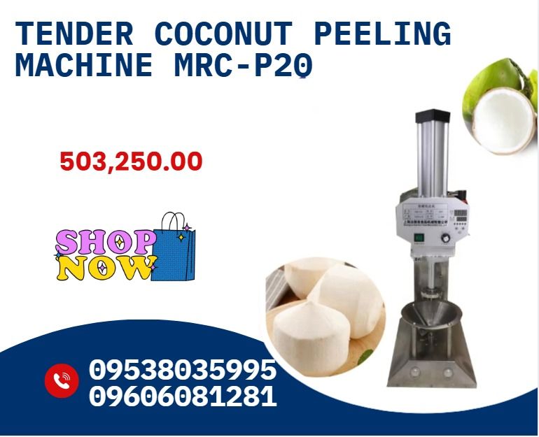 Tender Coconut Peeling Machine MRC-P20 (Category: Home Improvement Tools & Accessories) located in Caloocan City. Submitted by cosmicstar_f9d177 (Listing ID 1462266051, Image 1). Description: ●Capacity : 6-10seconds one piece ●Voltage : 220(v)50(hz)vi ●Power : 0.75(kw) ●Conical tray diameter : 22cm ●Scope of application : 100~240mm in diameter ●Finial Product size : 100~160mm in diameter ●Gas Consumption : 50L/min with a pressure of 0.5Mpa, 6 tim