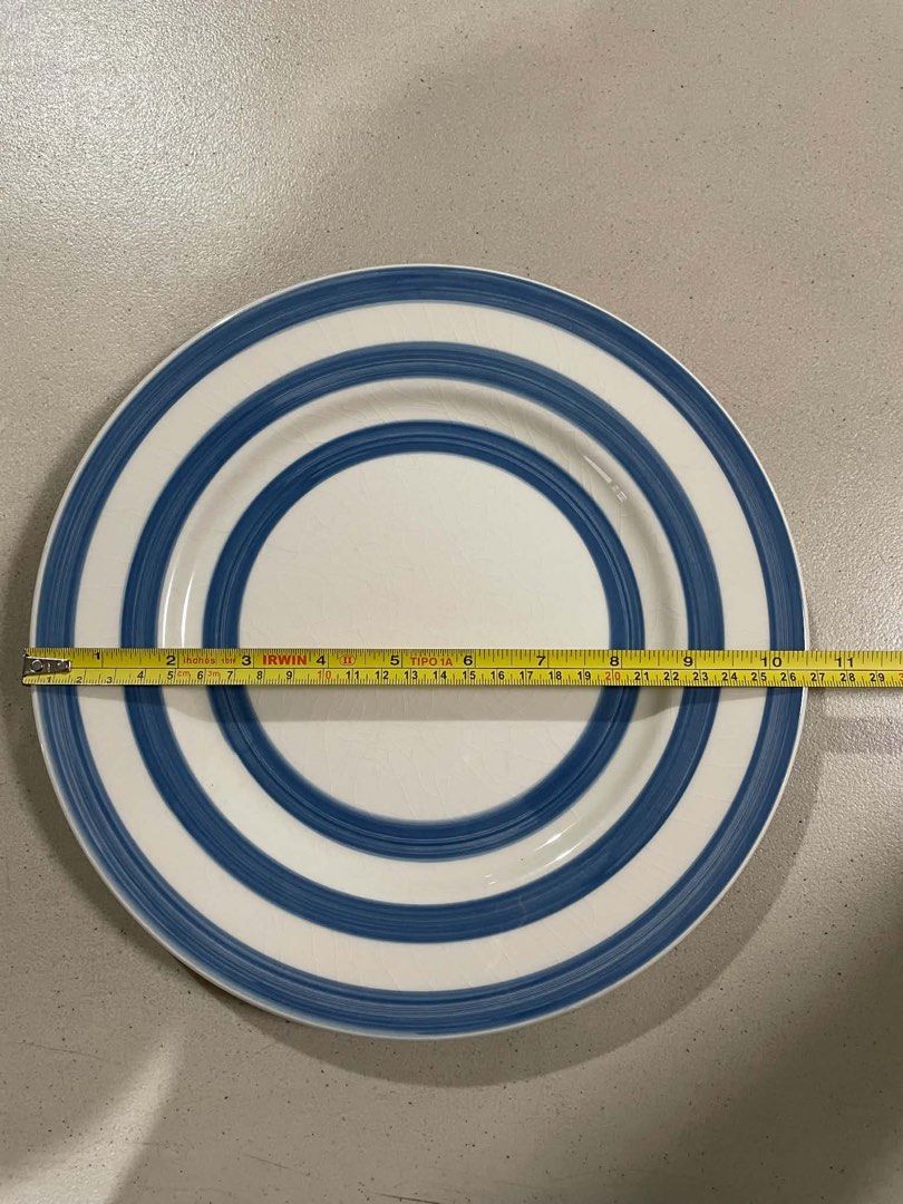 Tesco Blue Striped Dinner Plate (Category: Dinnerware & Cutlery) located in Quezon City. Submitted by meggoquingco (Listing ID 1462342979, Image 3). Description: - White dinner plate with classic blue stripes - Brand: Tesco - Size: Approximately 10.5 inches in diameter - Condition: Shows minor signs of wear, but still in good, presentable condition - Ideal for: Everyday meals or as a replacement for a missing piece.