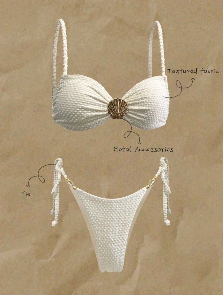 Textured Bikini with Shell Detail (Category: Bikinis & Swimsuits) located in Manila. Submitted by livelion.4e87e7 (Listing ID 1462300010, Image 1). Description: - White textured bikini set - Cute shell detail at the bust - Side-tie bottoms for adjustable fit - Textured fabric for a unique look - Stylish metal accessories - Ideal for beach days and pool parties.
