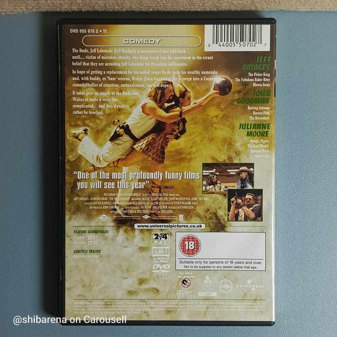 The Big Lebowski DVD - Region 2,4 PAL (Category: CDs & DVDs) located in Cebu City. Submitted by shibarena (Listing ID 1462373396, Image 2). Description: - The Big Lebowski DVD - Region 2,4 PAL (Pre-owned) - Starring Jeff Bridges, John Goodman, and Julianne Moore - Directed by: Joel and Ethan Coen ⚠️ Please ensure your DVD player supports Region 2 or 4 (PAL) before purchase..