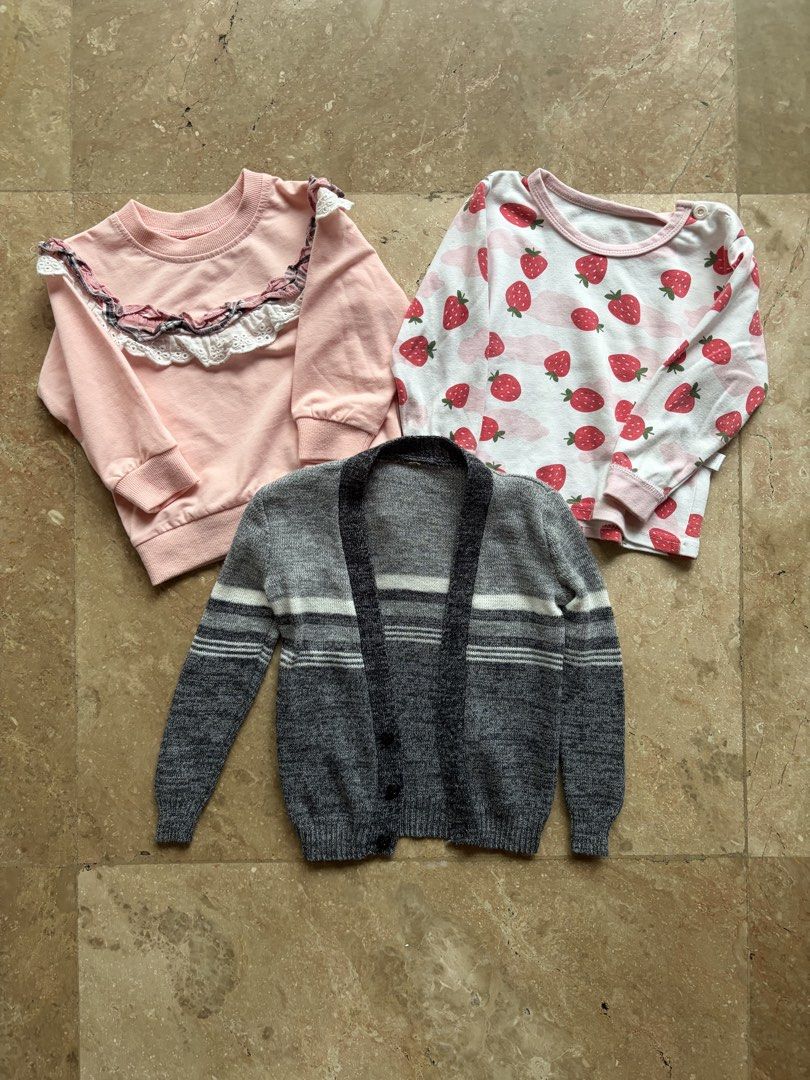 Toddler’s Tops and Cardigan Bundle (Category: Babies & Kids Fashion) located in Quezon City. Submitted by tidyup.lara (Listing ID 1462407316, Image 1). Description: Buy all in photo for PHP 300 Best fits 1 year old Condition 8/10: used but in good condition.